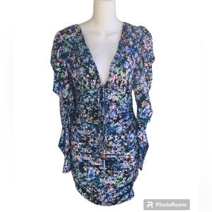 AFRM Ruched Deep V Neck Floral Stretch Mini Dress Puff Sleeve S NWT MSRP $118